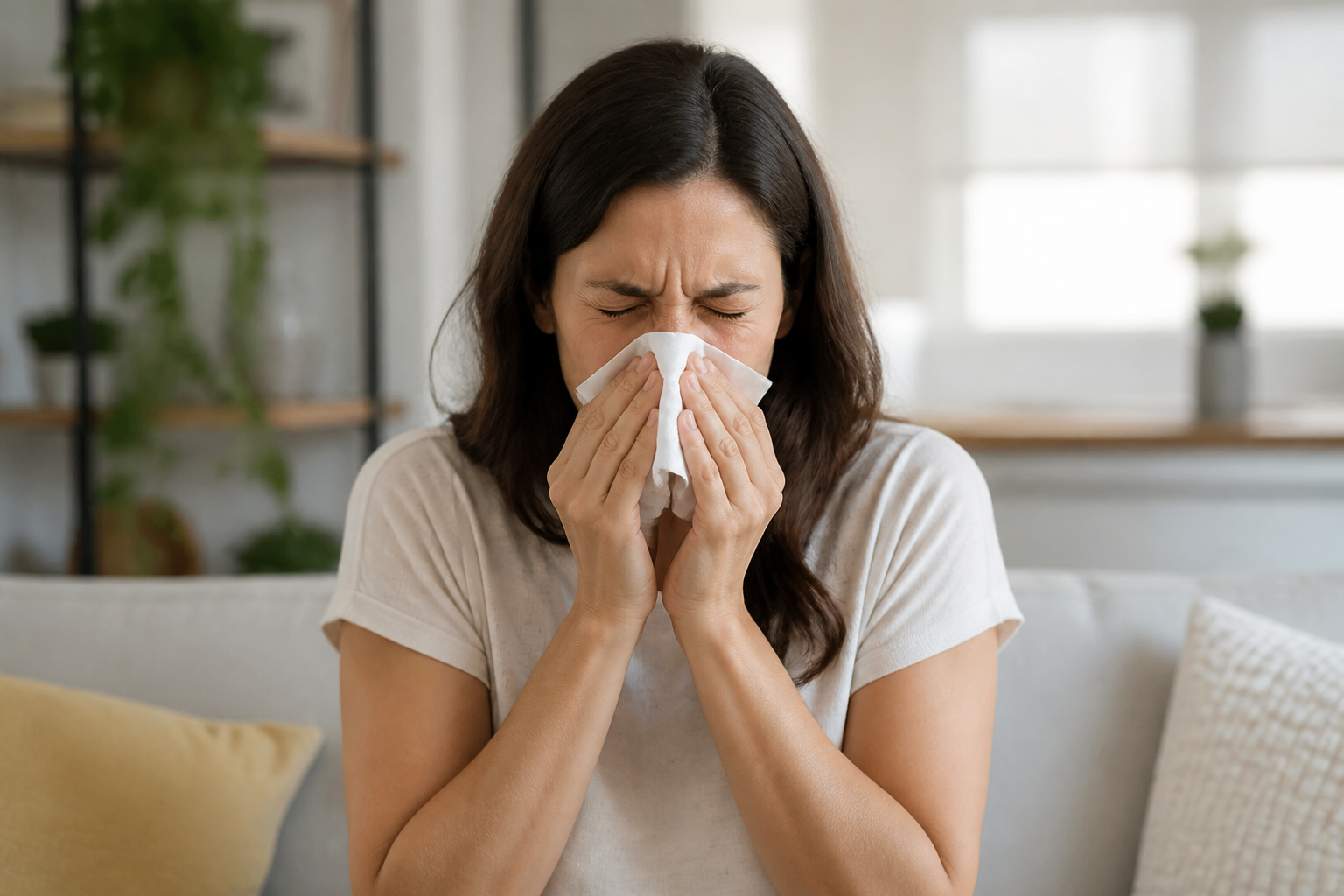 Pessoa com alergia respiratória e lenço — ar interno contaminado